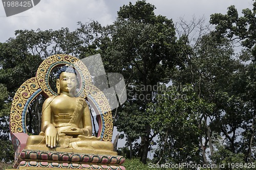 Image of golden buddha with trees in background