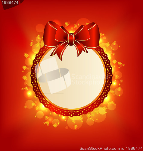 Image of Christmas card with bow, lighting background