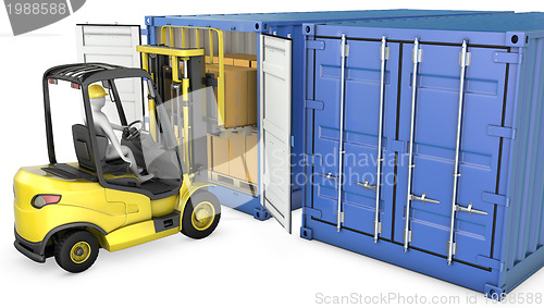 Image of Yellow fork lift truck unloads cargo container