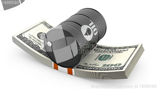 Image of Barrel of oil on a pack of dollars