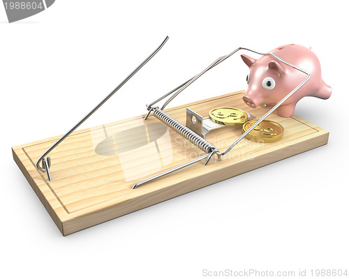 Image of Piggy bank caught in a mouse trap