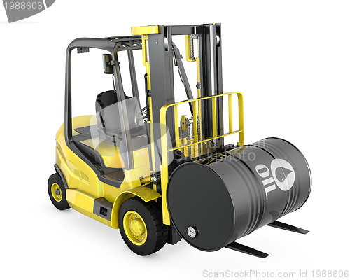 Image of Yellow fork lift lifts oil barrel