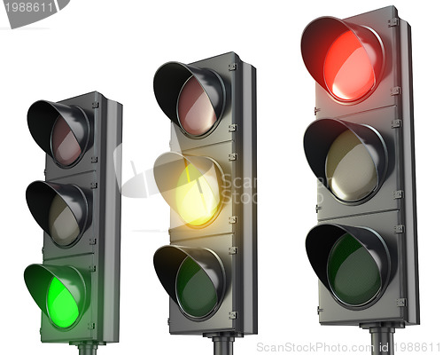 Image of Three traffic lights, red green and yellow