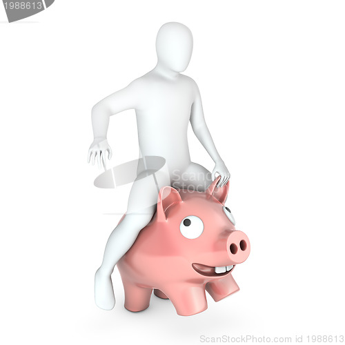 Image of Abstract white man holds rides on piggy bank