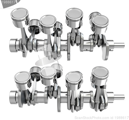 Image of V8 engine pistons on a crankshaft, two positions