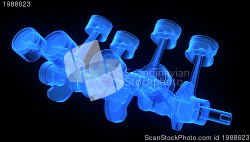 Image of V8 engine pistons on a crankshaft, blue x-ray version