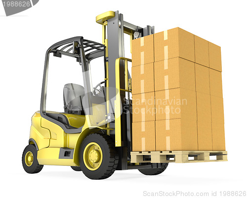 Image of Yellow fork lift truck with big stack of carton boxes