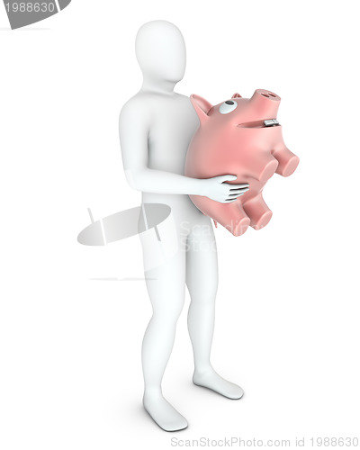 Image of Abstract white man holds pinky piggy bank