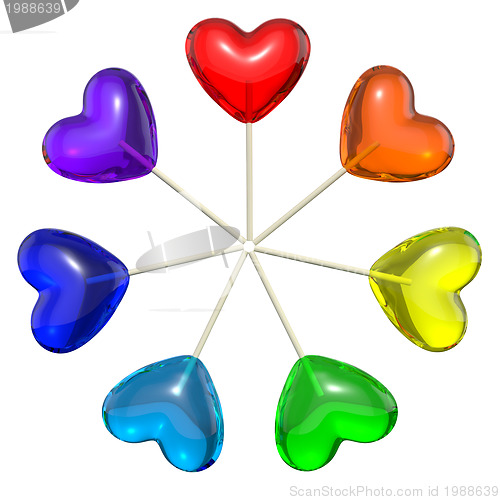 Image of Seven heart shaped lollipops colored as rainbow