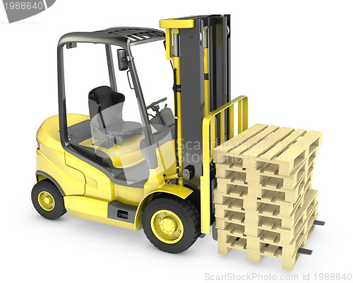 Image of Yellow fork lift truck, with stack of pallets