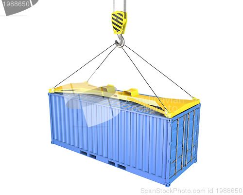 Image of Freight container hoisted on container spreader