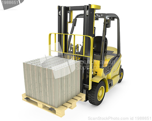 Image of Yellow fork lift truck moves stacked dollars