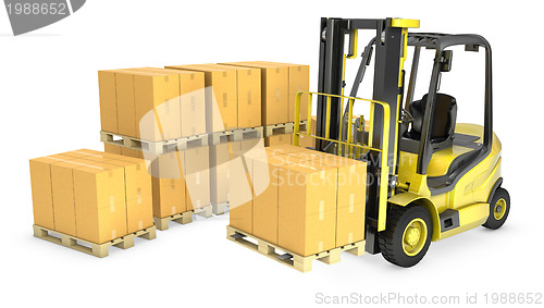 Image of Yellow fork lift truck with stack of carton boxes