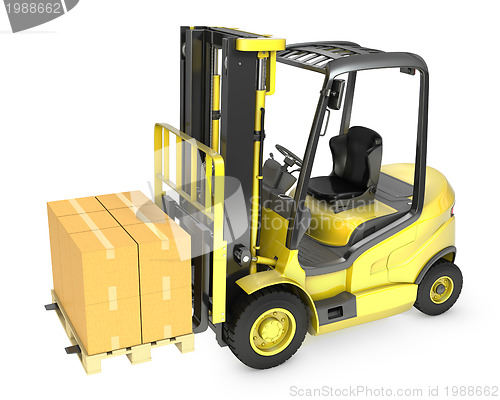 Image of Yellow fork lift truck with stack of carton boxes