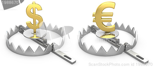 Image of Dollar and yen symbols in a bear trap