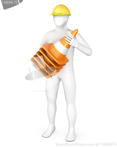 Image of Worker with a stack of road cones