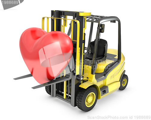 Image of Fork lift truck lifts red heart