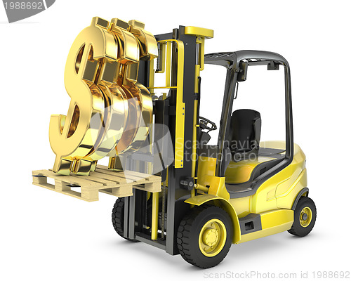 Image of Fork lift truck lifts gold dollar sign