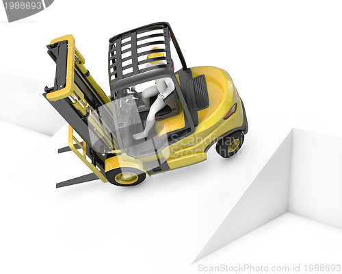 Image of Yellow fork lift truck falling after turning on slope