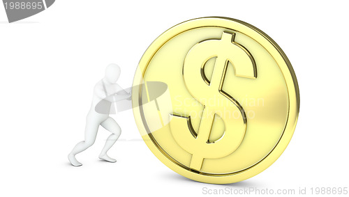 Image of Abstract white guy rolls large golden coin