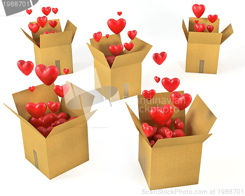 Image of A lot of carton boxes with red hearts flying out of them