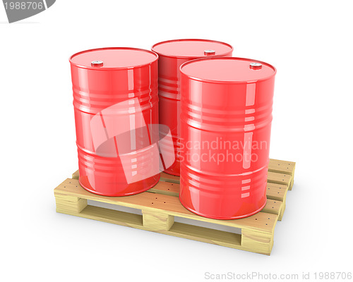 Image of Three red barrels on a pallet