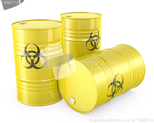 Image of Three yellow barrels with biohazard symbol