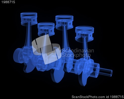 Image of Engine pistons on a crankshaft, blue x-ray version