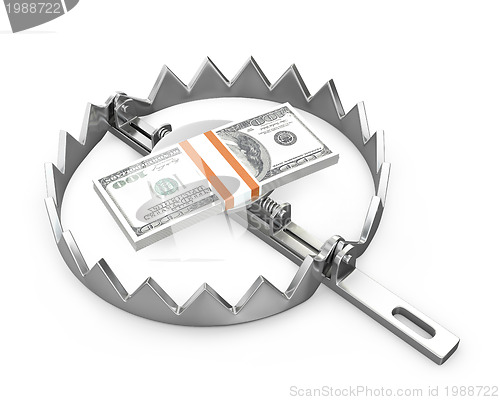 Image of Bundle of 100 dollars in a bear trap