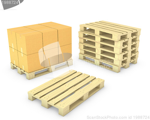 Image of Stack of cardboard boxes and stack of pallets