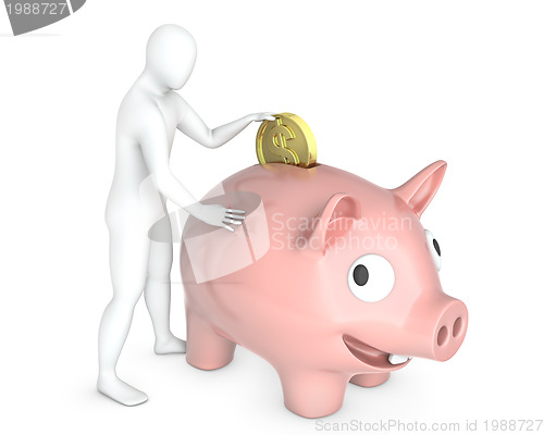 Image of Abstract white guy puts coin into piggy bank