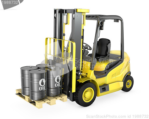 Image of Yellow fork lift lifts four oil barrels