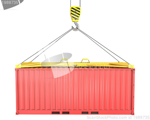 Image of Freight container hoisted on container spreader