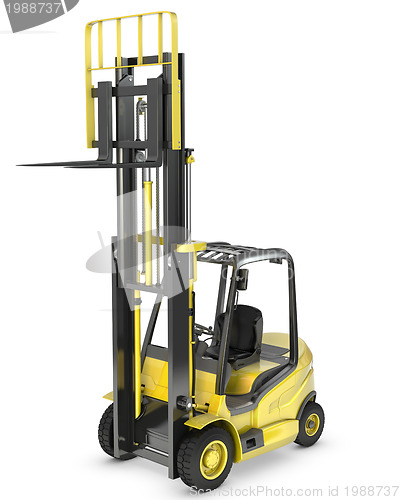 Image of Yellow fork lift truck with raised fork