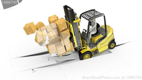 Image of Fork lift truck with heavy load crashing through floor