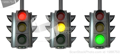 Image of Set of traffic lights, red, green and yellow