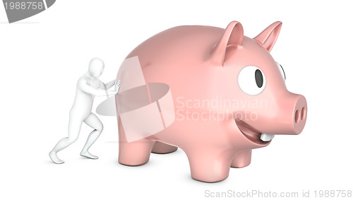 Image of Abstract white man holds pushes giant piggy bank