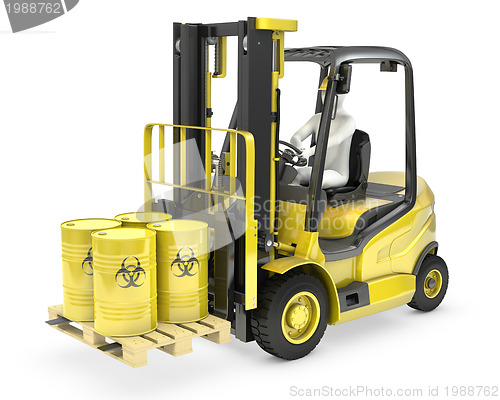 Image of Fork lift truck with biohazard barrels