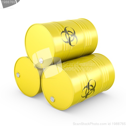 Image of Three yellow barrels with biohazard symbol