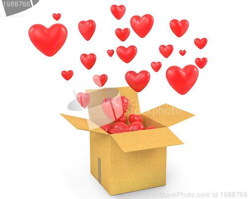 Image of Carton box with a lot of flying out hearts