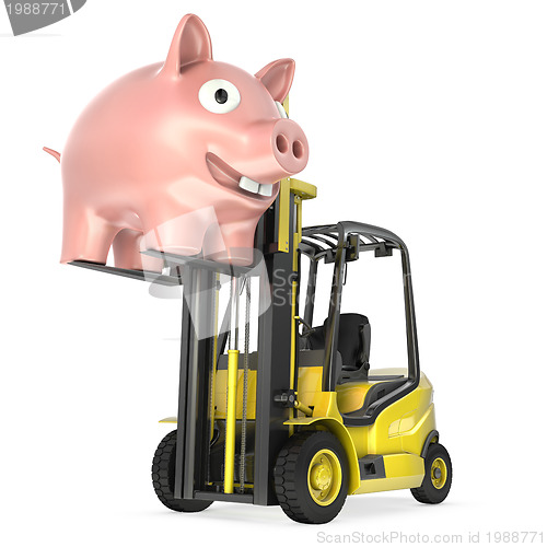 Image of Fork lift truck lifts up coin bank