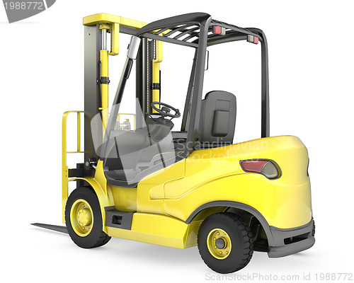 Image of Yellow fork lift truck, rear view