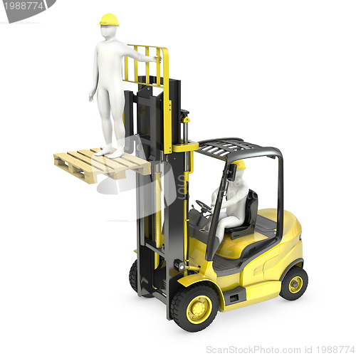 Image of Abstract white man in a fork lift truck, lifting other worker on