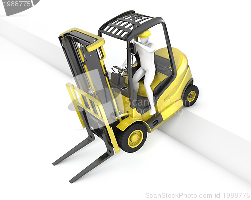 Image of Yellow fork lift truck stuck after falling from ramp