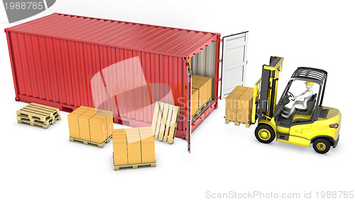 Image of Yellow fork lift truck unloads red container
