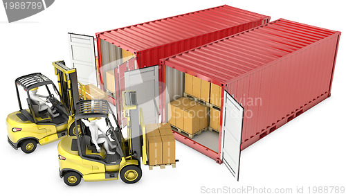 Image of Two yellow lift truck unloading containers