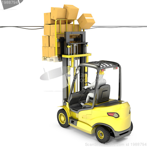 Image of Fork lift truck with high load hits wires