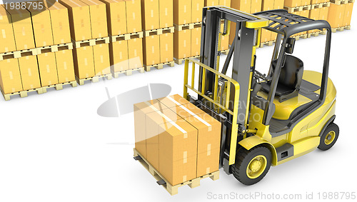 Image of Yellow fork lift truck with stack of carton boxes