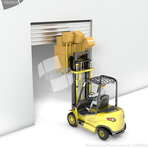 Image of Fork lift truck with high load hits door