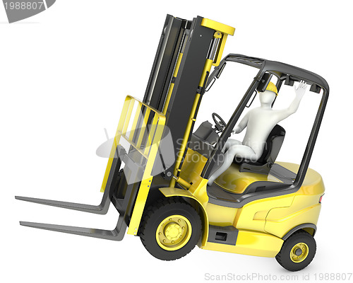 Image of Abstract white man in a fork lift truck, balancing on rear wheel